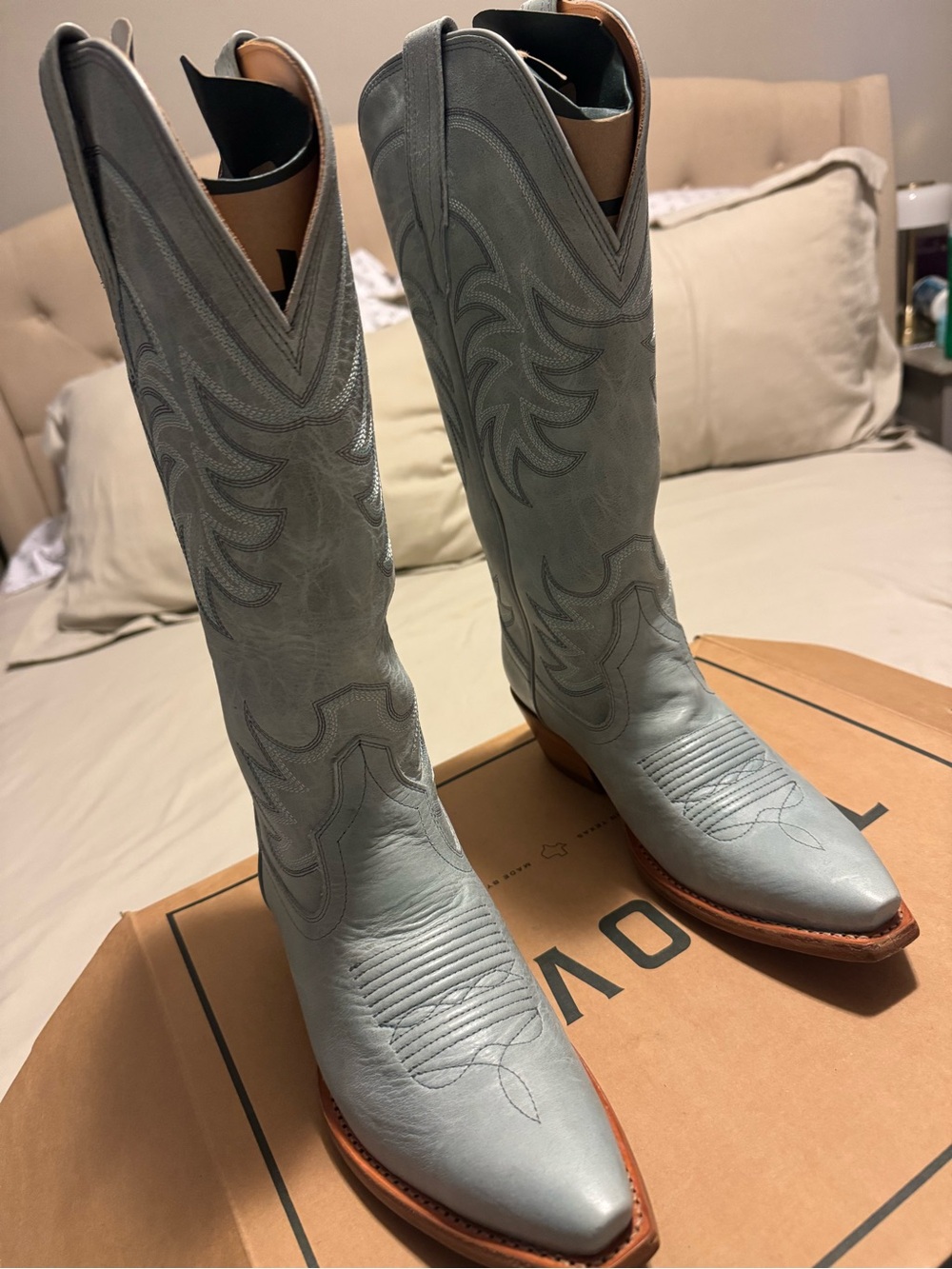 Tecovas Women's Tall Cowboy Boots in Light Blue-Grey